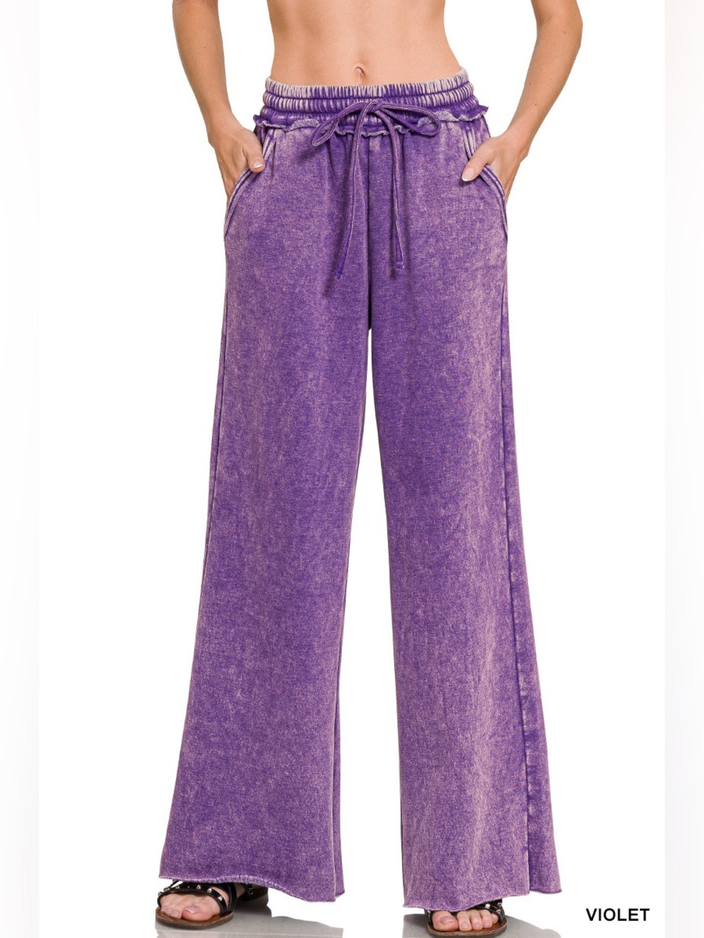 Zenana ACID WASH FLEECE PALAZZO SWEATPANTS WITH POCKETS